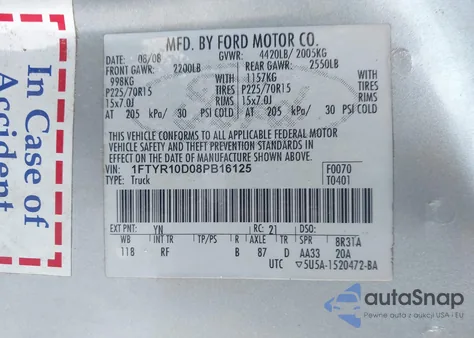 2008 Ford Ranger Xl/Xlt z USA, uszkodzony, nr VIN 1FTYR10D08PB16125